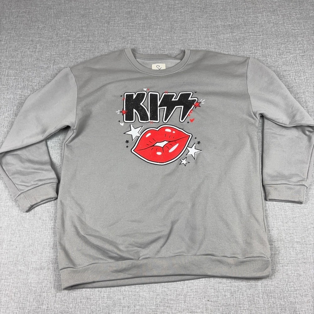 Kiss Rock Band Music Sweatshirt Womens XL Gray Crewneck Lips Heart Graphic